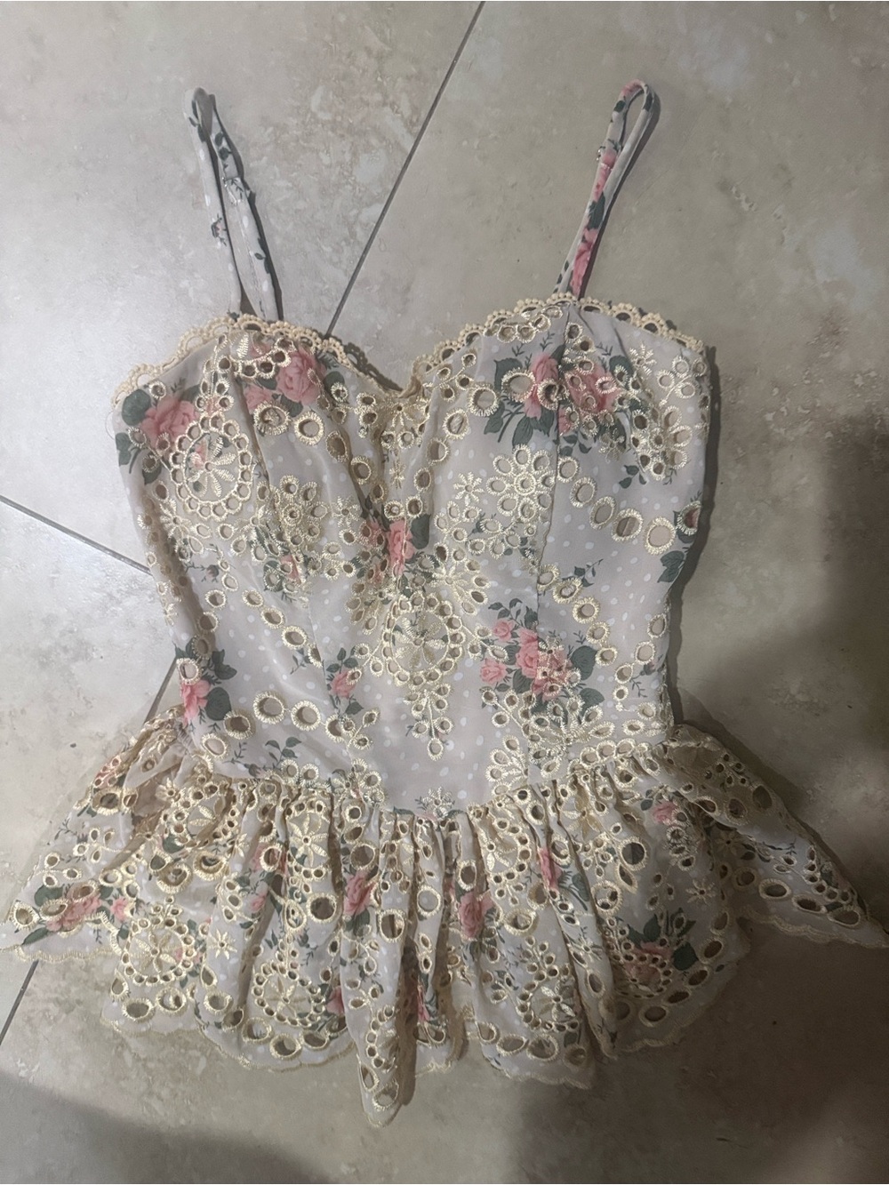 Vici Floral Eyelet Lace Peplum Cami - Pink & Cream
